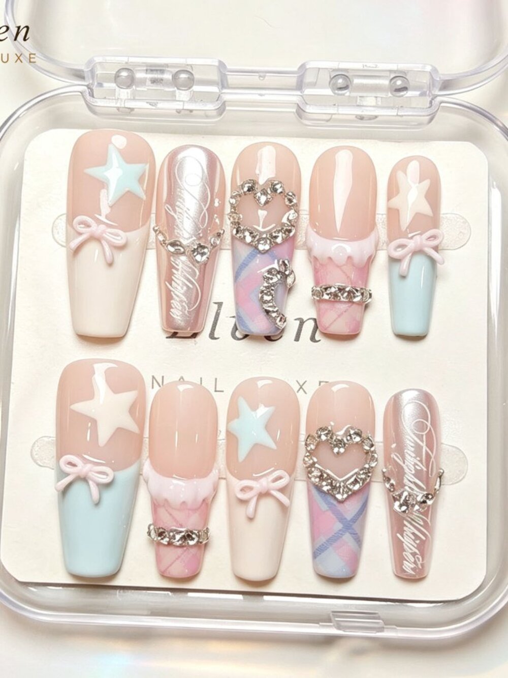 Cute Y2K Pastel Long Coffin Press On Nails with Star Bow & Rhinestone Heart